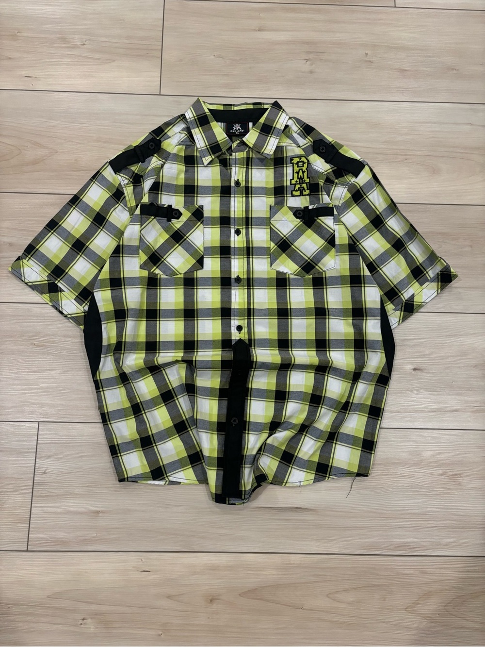 Red Ape Y2K skater Men’s Green Lime Plaid Grunge streetwear button up shirt